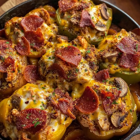 A dish of stuffed peppers with cheese and bacon.