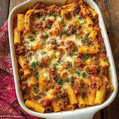 A baked ziti with sausage dish.