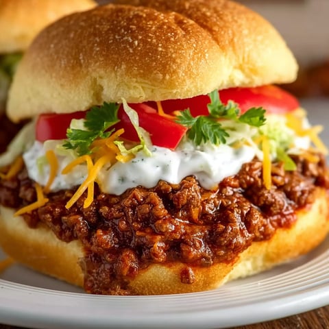 A sloppy joe sandwich with lettuce and tomato on a bun.