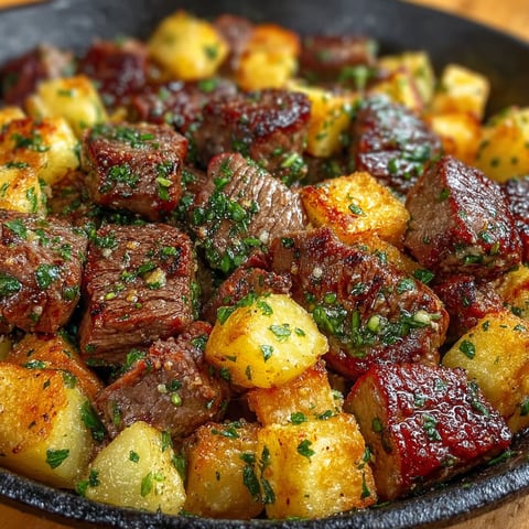 A plate of steak bites with potatoes and garlic butter.