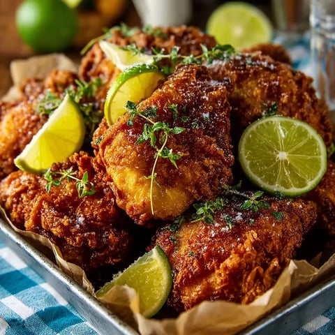 A plate of fried chicken with limes on top.