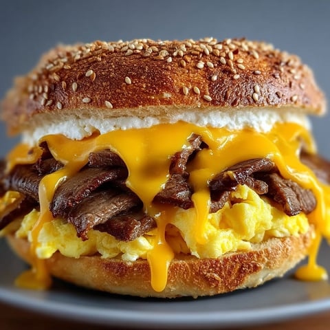 A close up of a McDonald's Steak, Egg & Cheese sandwich.