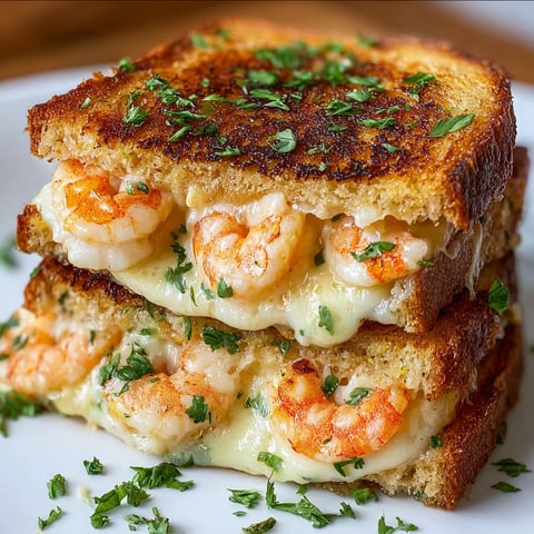 A stack of grilled cheese sandwiches with shrimp.