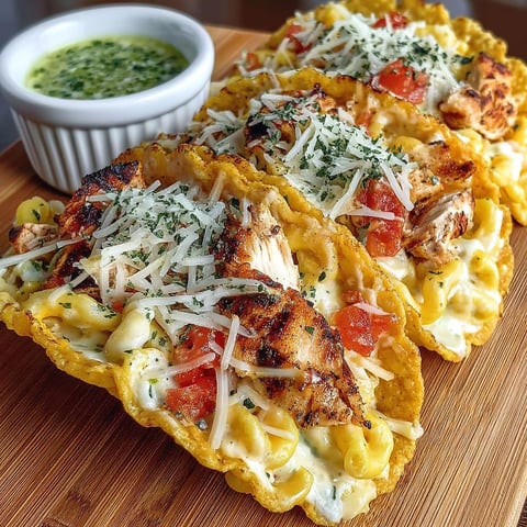 A plate of chicken alfredo tacos.
