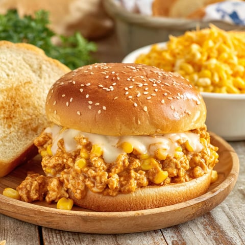 A Cajun Chicken Sloppy Joes sandwich on a wooden board.