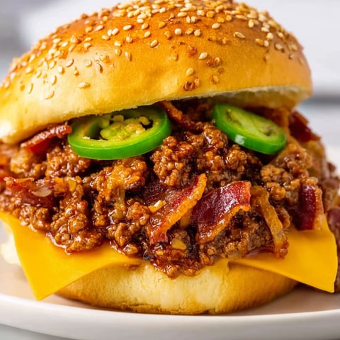 A sloppy joe sandwich with jalapenos and bacon.