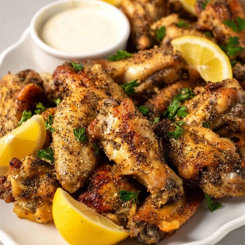 A plate of chicken wings with lemon and pepper seasoning.