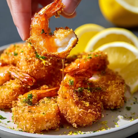 A person is holding a piece of shrimp with honey drizzled on it.
