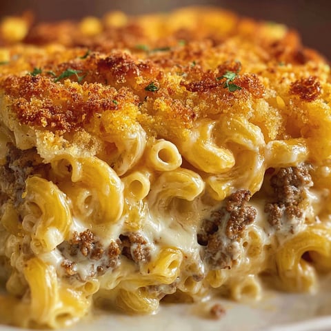 A cheesy macaroni hamburger casserole.