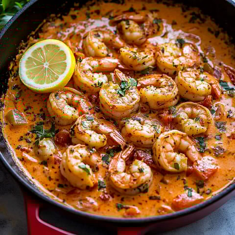A bowl of shrimp with a lemon wedge on top.