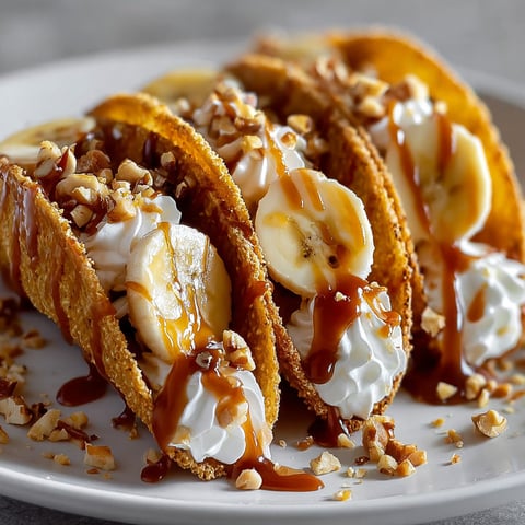 A plate of banana and caramel tacos.
