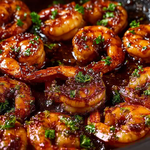 A pan of shrimp with honey butter and old bay seasoning.