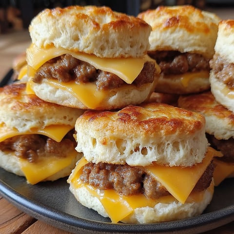 A plate of biscuits with sausage and cheese on top.