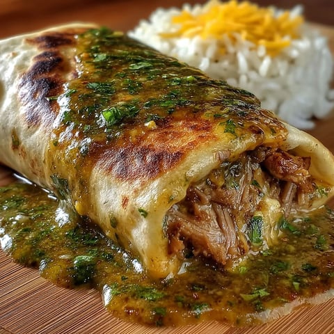 A Chili Verde Hatch Burrito with rice on a table.