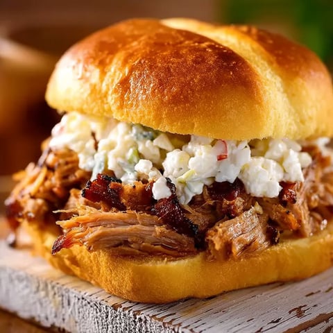 A sandwich with pulled pork and coleslaw.