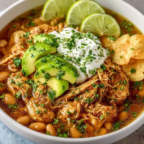 A bowl of chili with limes and avocado.
