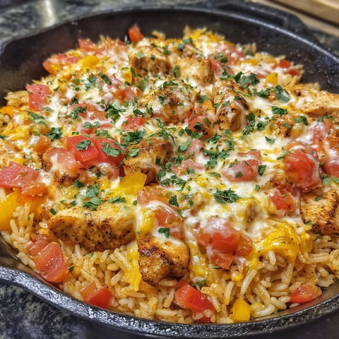 A delicious meal of chicken, rice, and tomatoes.