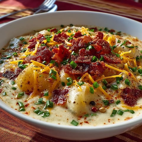 A bowl of soup with bacon and cheese.