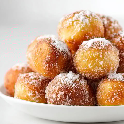 A plate of donuts with powdered sugar on top.