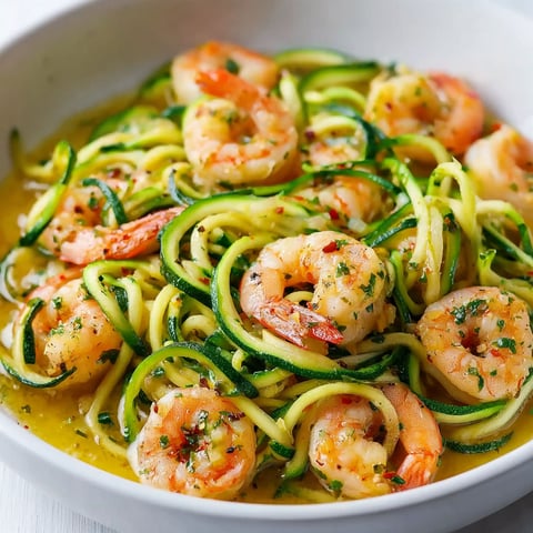 A plate of zucchini noodles with garlic shrimp.