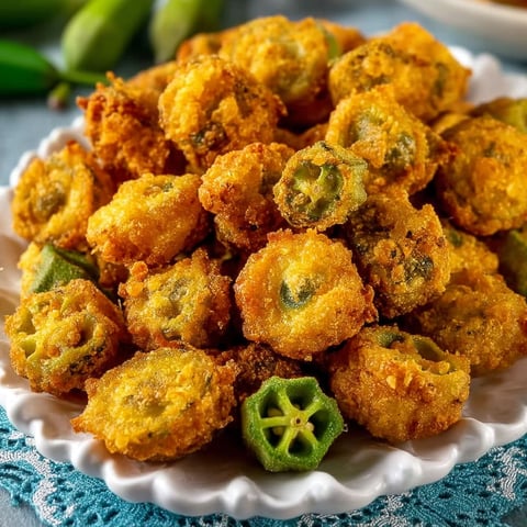 A plate of fried okra with green peppers.