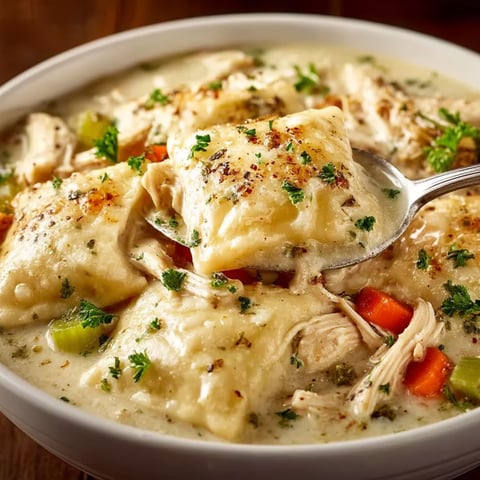 A bowl of soup with chicken and dumplings.