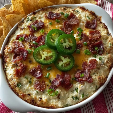 A creamy pizza dip with jalapenos on top.