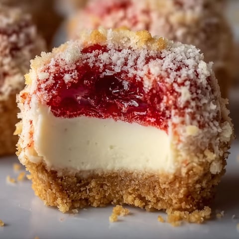 A close up of a strawberry crunch cheesecake bite.