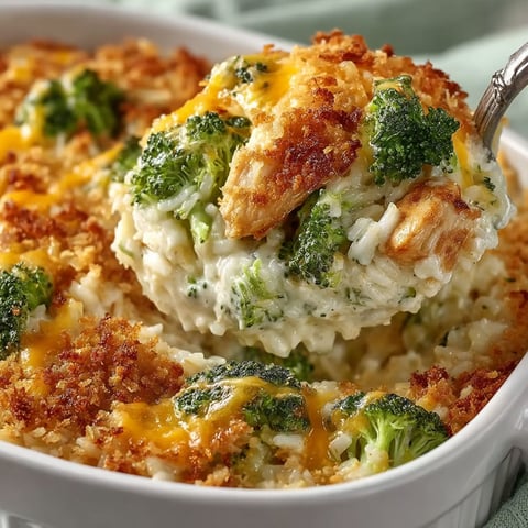 A delicious cheesy chicken broccoli rice casserole.