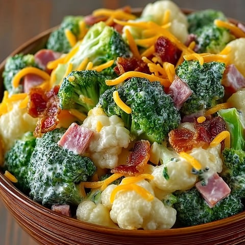 A bowl of broccoli and cauliflower with bacon.