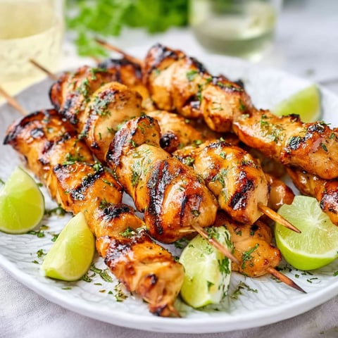 A plate of grilled honey lime chicken skewers.