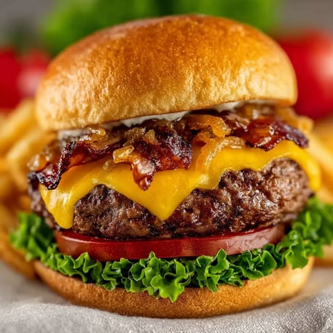 A grilled bacon cheeseburger with lettuce and tomato.