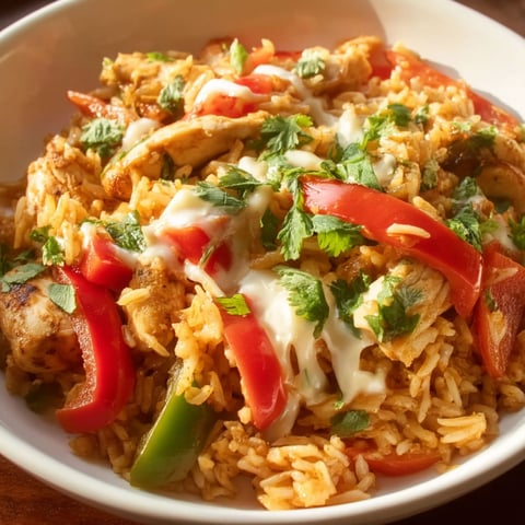 A bowl of rice with chicken and vegetables.