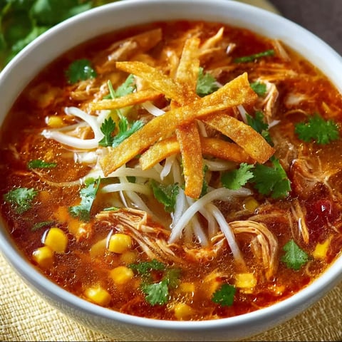 A bowl of soup with chicken, corn, and tortilla chips.