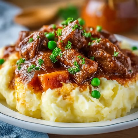 A plate of beef stew with peas and carrots.