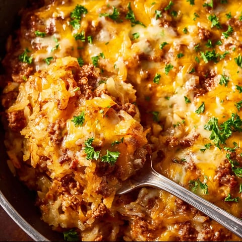 A close up of a crock pot sloppy joe hash brown casserole.