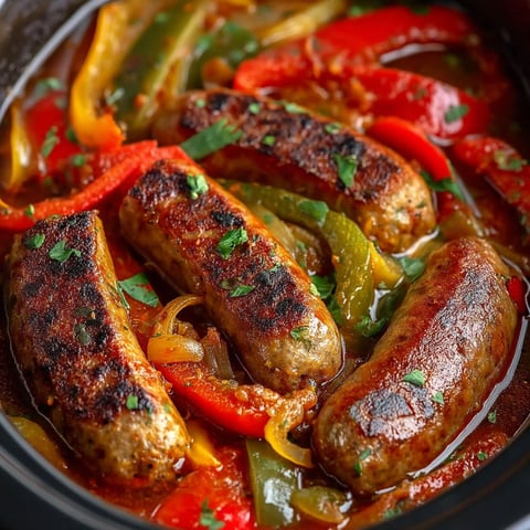 A crock pot filled with sausage and peppers.