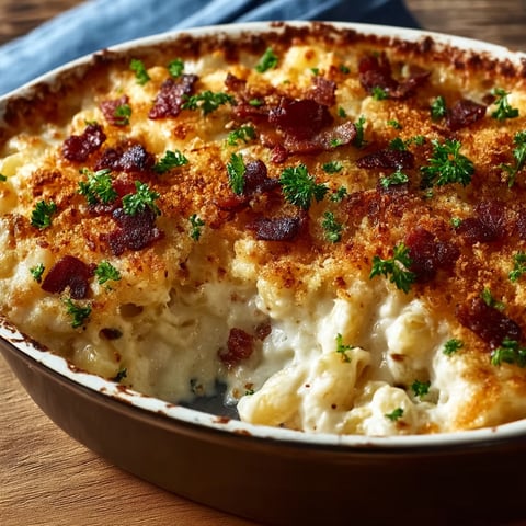 A casserole with bacon, cheese, and herbs.