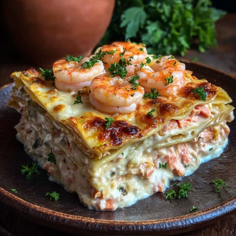 A seafood lasagna with shrimp and crab.