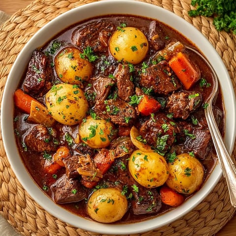 A bowl of beef bourguignon with potatoes and carrots.