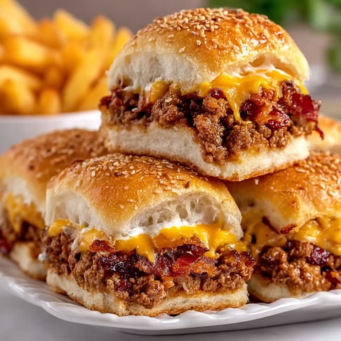 Three bacon cheeseburger sliders stacked on a plate.