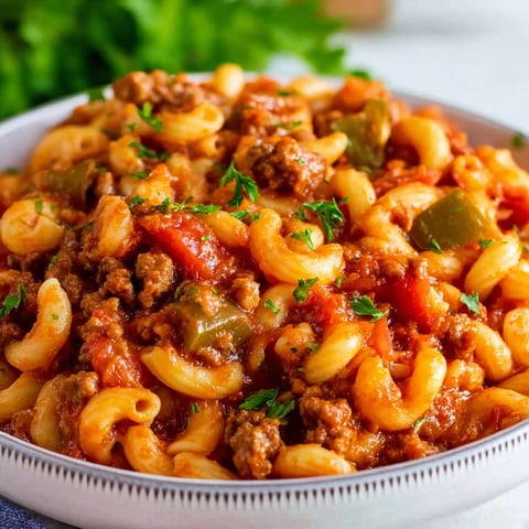 A bowl of American Goulash with pasta and meat.