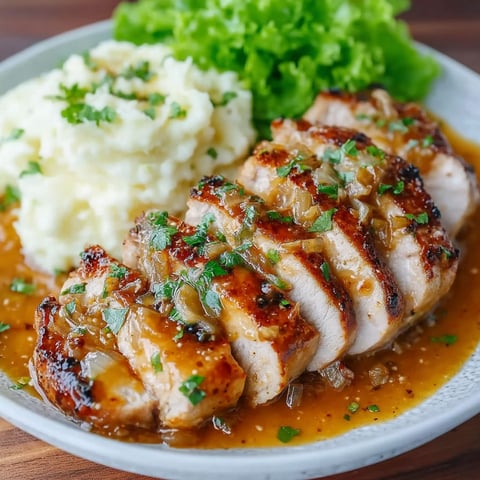French onion pork chops with mashed potatoes and a salad.
