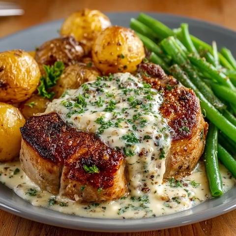 A plate of food with pork chops, potatoes, and green beans.