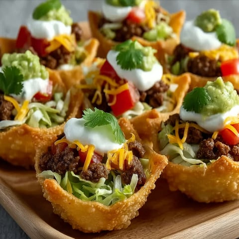 A plate of taco bites with cheese and sour cream.