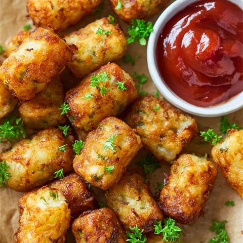 Golden tater tots with ketchup.