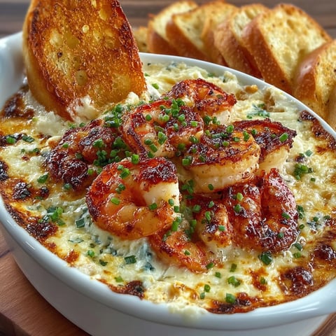 A bowl of shrimp and crab dip with a piece of bread on top.