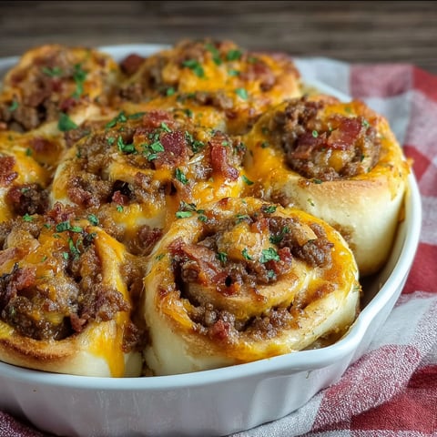 A white bowl filled with bacon cheeseburger pinwheels.