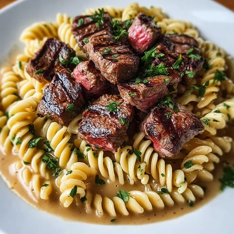 A plate of garlic butter steak and pasta.
