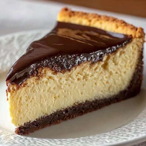 A slice of Boston Cream Pie Cheesecake.